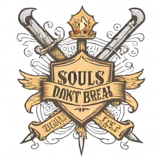 A tattoo design using the text "Souls don't break, they bend". Include a shield. The text to be in a handwritten style tattoo design idea