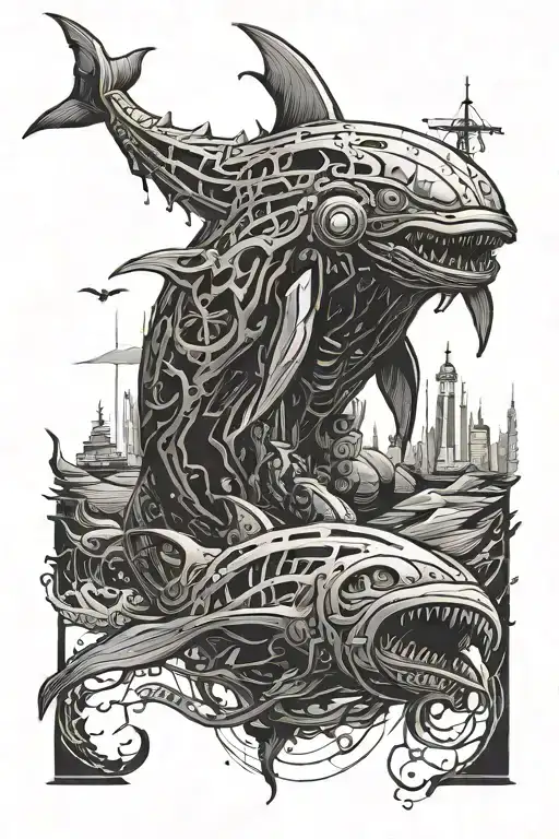 Dishonored themed biomechanical whale. Make the background uncanny, something between the void and the sea tattoo design idea