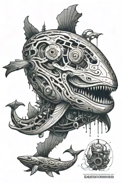 Dishonored themed biomechanical whale. Make the background a fusion between the void and the sea tattoo design idea