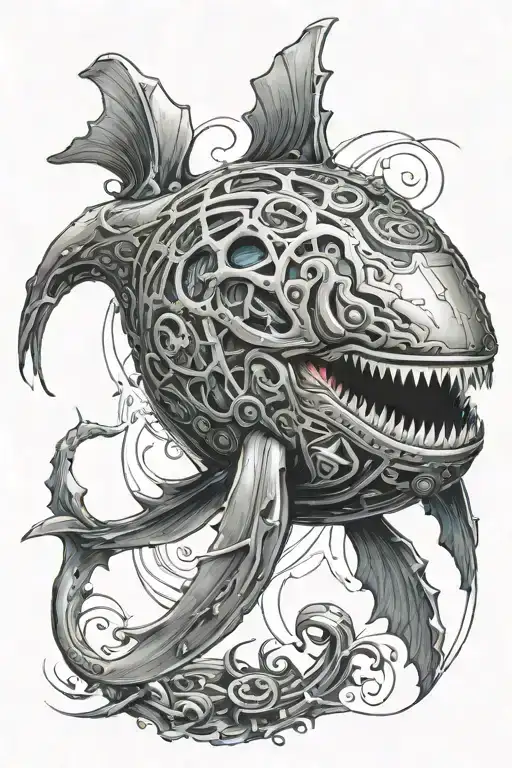Dishonored themed biomechanical whale. Make the background a fusion between the void and the sea tattoo design idea