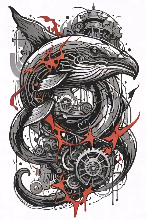 Dishonored themed whale in biomechanical style. Make the background uncanny, a fusion between the void. tattoo design idea