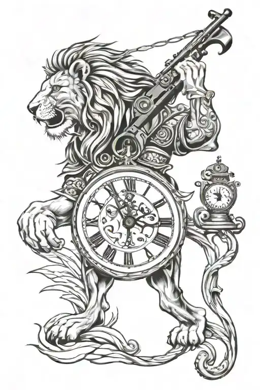 Lion, soldier with gun, clock time ticking- meaning it’s just a matter of time when death comes knocking even though you tattoo design idea