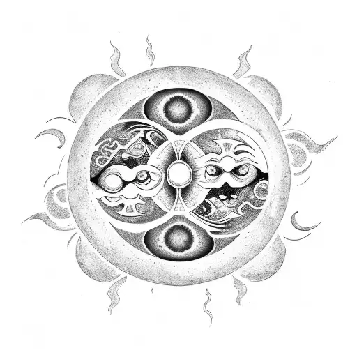 A moon and sun in yin-yang style with Rock n roll symbols tattoo design idea