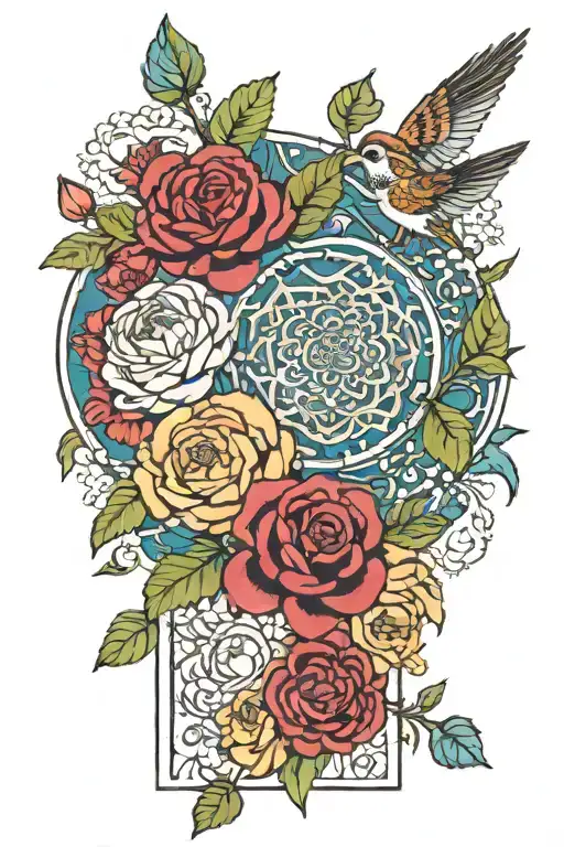 arm sleeve with mandala, peony, hibscus, sparrows, roses and filled in with blue sky and green naturescape tattoo design idea