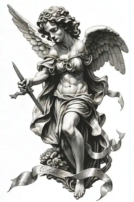 roman angel statue and a ribbon around it that said candice and chris tattoo design idea