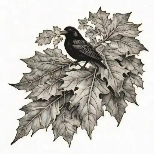 winter oak tree within the shape of an oak leaf, with 2 acorns at the bottom right, and raven wings atvthe top tattoo design idea