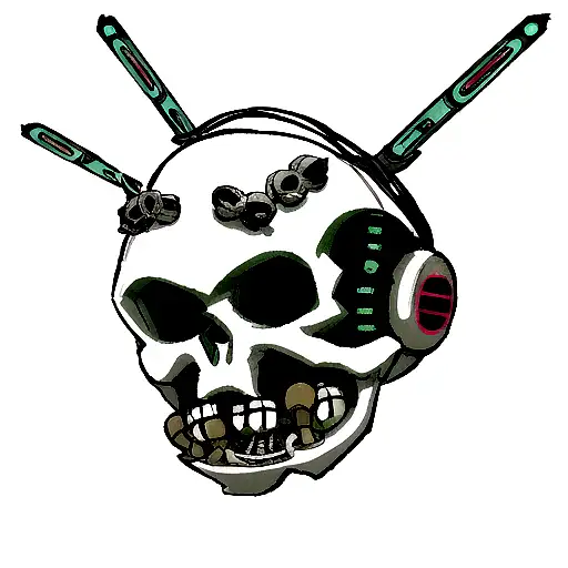 Scull with jacks, cybernetic, pluged in, meta, cyberspace tattoo design idea