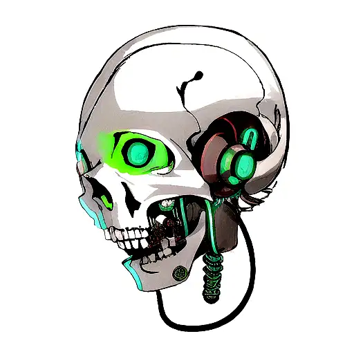 Scull with jacks, cybernetic, pluged in, meta, cyberspace tattoo design idea