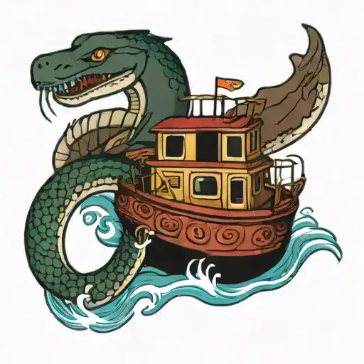 ferry boat and water snake   tattoo design idea