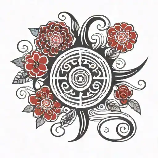 Five black spirals with white lines forming a rectangle and several red five-petalled flowers spread out tattoo design idea