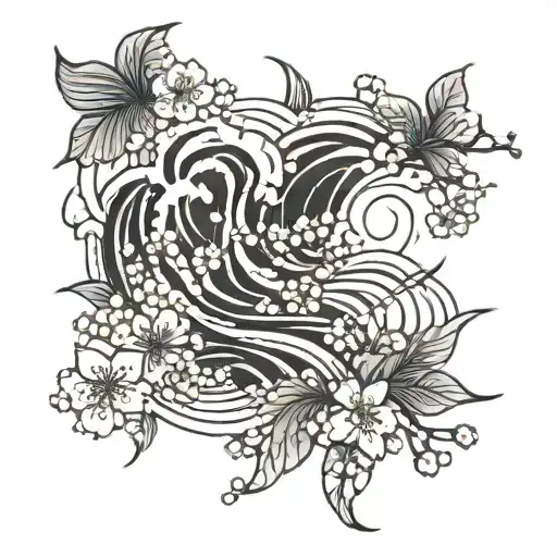 Black waves with white lines, cherry blossoms scattered randomly. tattoo design idea