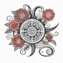 Five black spirals with white lines forming a rectangle and several red five-petalled flowers spread out tattoo design idea
