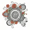 Five black spirals with white lines forming a rectangle and several red five-petalled flowers spread out tattoo design idea