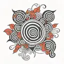 Five black spirals with white lines forming a rectangle and several red five-petalled flowers spread out tattoo design idea