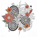 Five black spirals with white lines forming a rectangle and several red five-petalled flowers spread out tattoo design idea