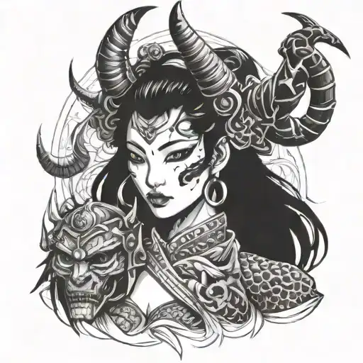 samurai woman with oni horns and dark eyes, lokking by her side of her face in a sexy way, using a samurai mask cut in h tattoo design idea