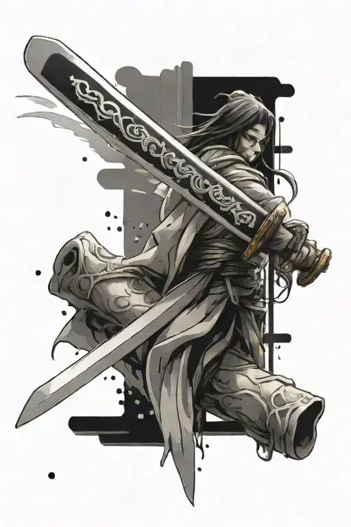 Katana in 45 degree angle with blur  painting falling from the blade  tattoo design idea