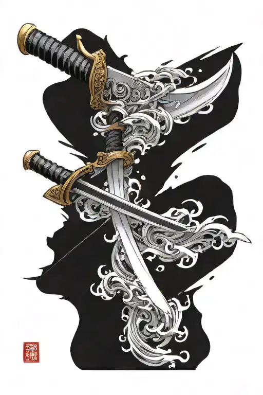 Katana in 45 degree angle with suminagashi painting falling from the blade  tattoo design idea