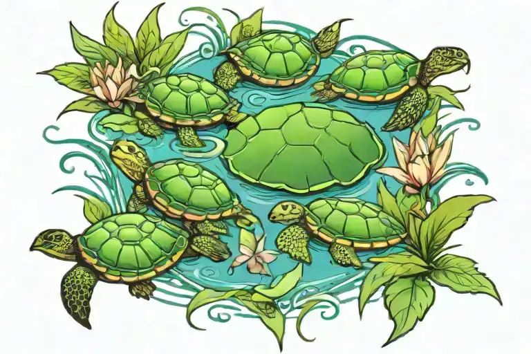 Turtles floating in water w cattails around and lily pads or lake plants tattoo design idea