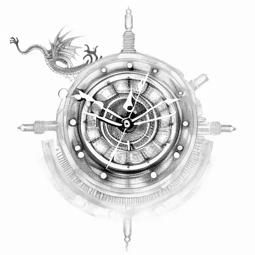 Steampunk clock with gears and a mechanical dragon tattoo design idea