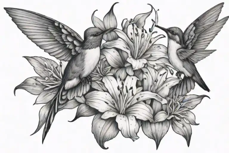 Lilly flowers and humming bird tattoo design idea