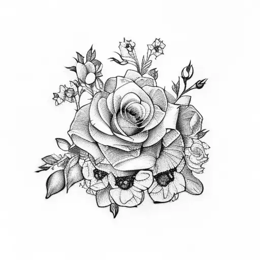 bouquet of roses, larkspur, daffodil, hawthorn, carnation, narcissus tattoo design idea