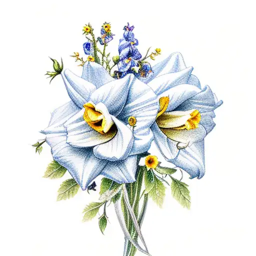 bouquet of roses, larkspur, daffodil, hawthorn, carnation, narcissus tattoo design idea