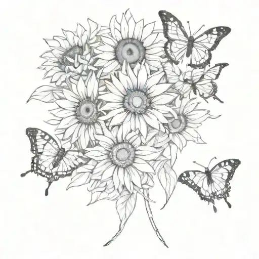 fine line sunflowers and butterflies tattoo design idea