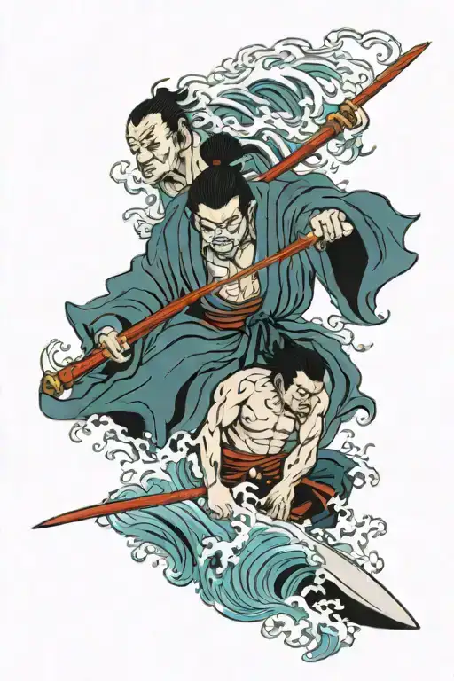 fudo myoo surfing through waterfall on his sword. chasing a women with lotus.  tattoo design idea