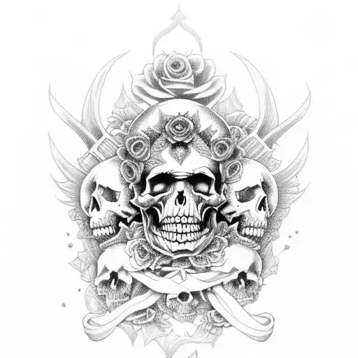 neo traditional santa muerte sleeve surrounded by skulls and roses of differetn colours tattoo design idea