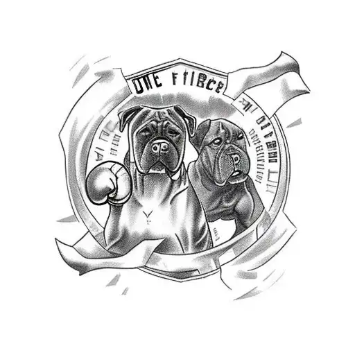 A fierce boxing match between a Cane Corso and a judoka, with the town of Rijeka in the background tattoo design idea