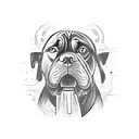 A fierce boxing match between a Cane Corso and a judoka, with the town of Rijeka in the background tattoo design idea