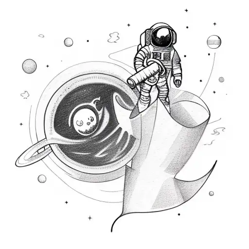 A sketch-style tattoo of an astronaut floating in space, holding a steaming cup of coffee tattoo design idea