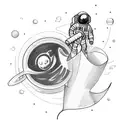 A sketch-style tattoo of an astronaut floating in space, holding a steaming cup of coffee tattoo design idea