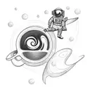 A sketch-style tattoo of an astronaut floating in space, holding a steaming cup of coffee tattoo design idea