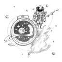 A sketch-style tattoo of an astronaut floating in space, holding a steaming cup of coffee tattoo design idea