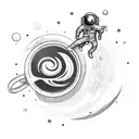 A sketch-style tattoo of an astronaut floating in space, holding a steaming cup of coffee tattoo design idea