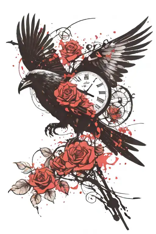 Flying raven against a background of clocks and roses tattoo design idea
