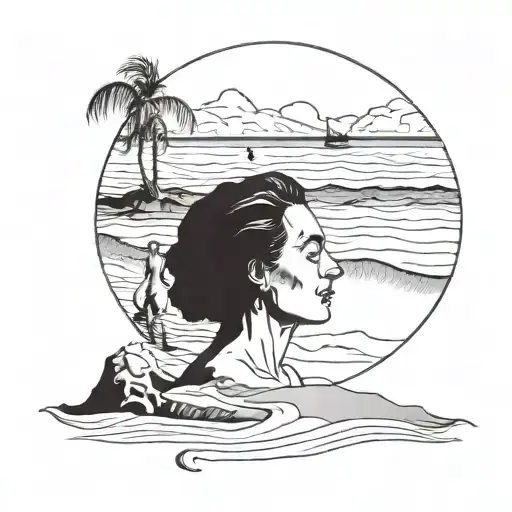 A surrealistic Salvador Dali inspired tattoo featuring a beach scene with your wife as the central figure tattoo design idea