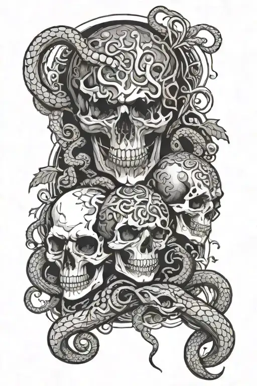 skulls and snakes with shading around and an eye   tattoo design idea