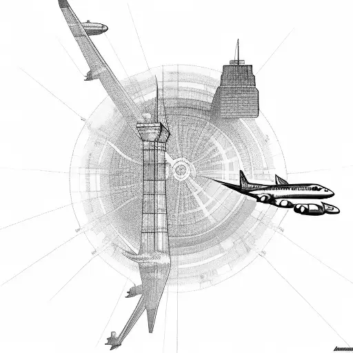 Air traffic control tower surrounded by world landmarks tattoo design idea