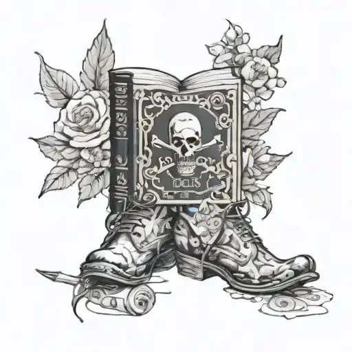 gaming, pirate peg leg, book surrounded by bold floral tattoo design idea