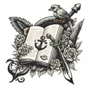 anchor, mouse, book, peg leg, feathers, flowers, gaming tattoo design idea