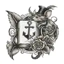 anchor, mouse, book, peg leg, feathers, flowers, gaming tattoo design idea