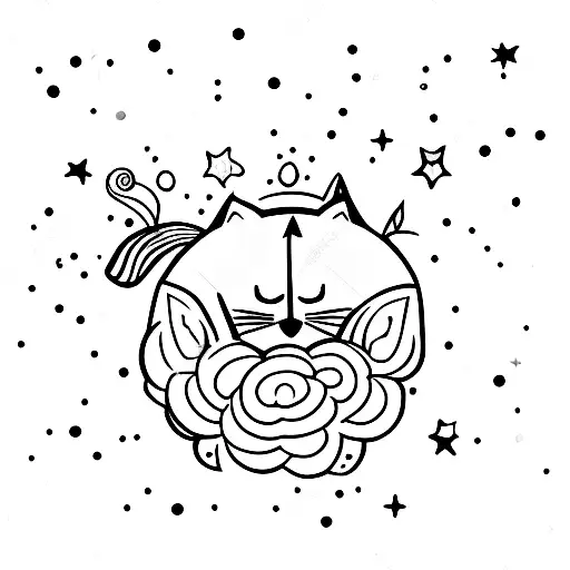 A peaceful sleeping cat on a bed of flowers under a starry sky tattoo design idea