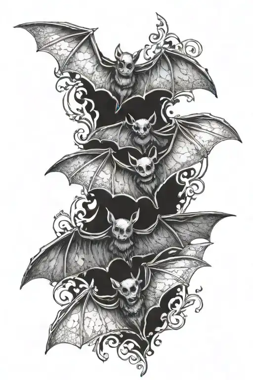 three small, well-detailed bats tattoo design idea