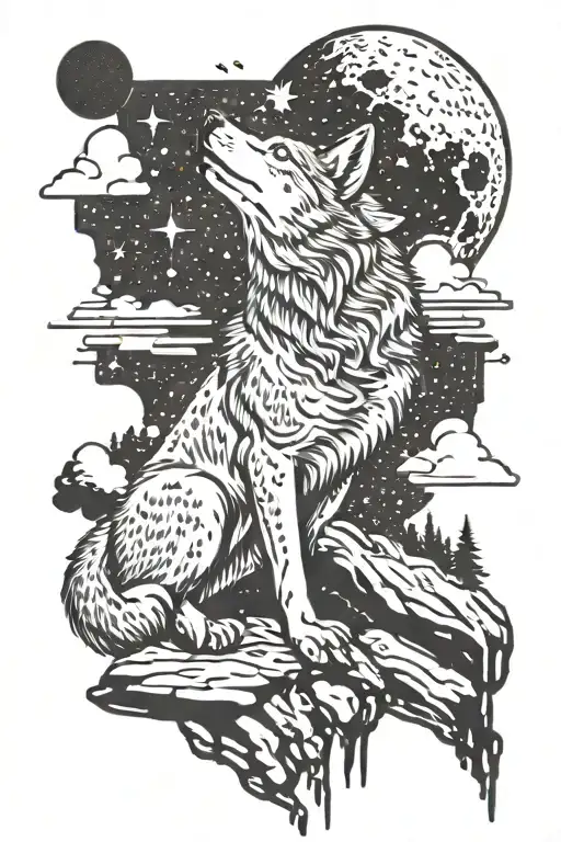 full bodied wolf climbin rocks  howling moon silhoutte  tattoo design idea
