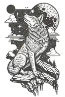 full bodied wolf climbin rocks  howling moon silhoutte  tattoo design idea