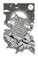 full bodied wolf climbin rocks  howling moon silhoutte  tattoo design idea