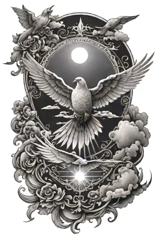 Sun shining over dove with clouds around it luminous points and 5 names throughout the clouds tattoo design idea
